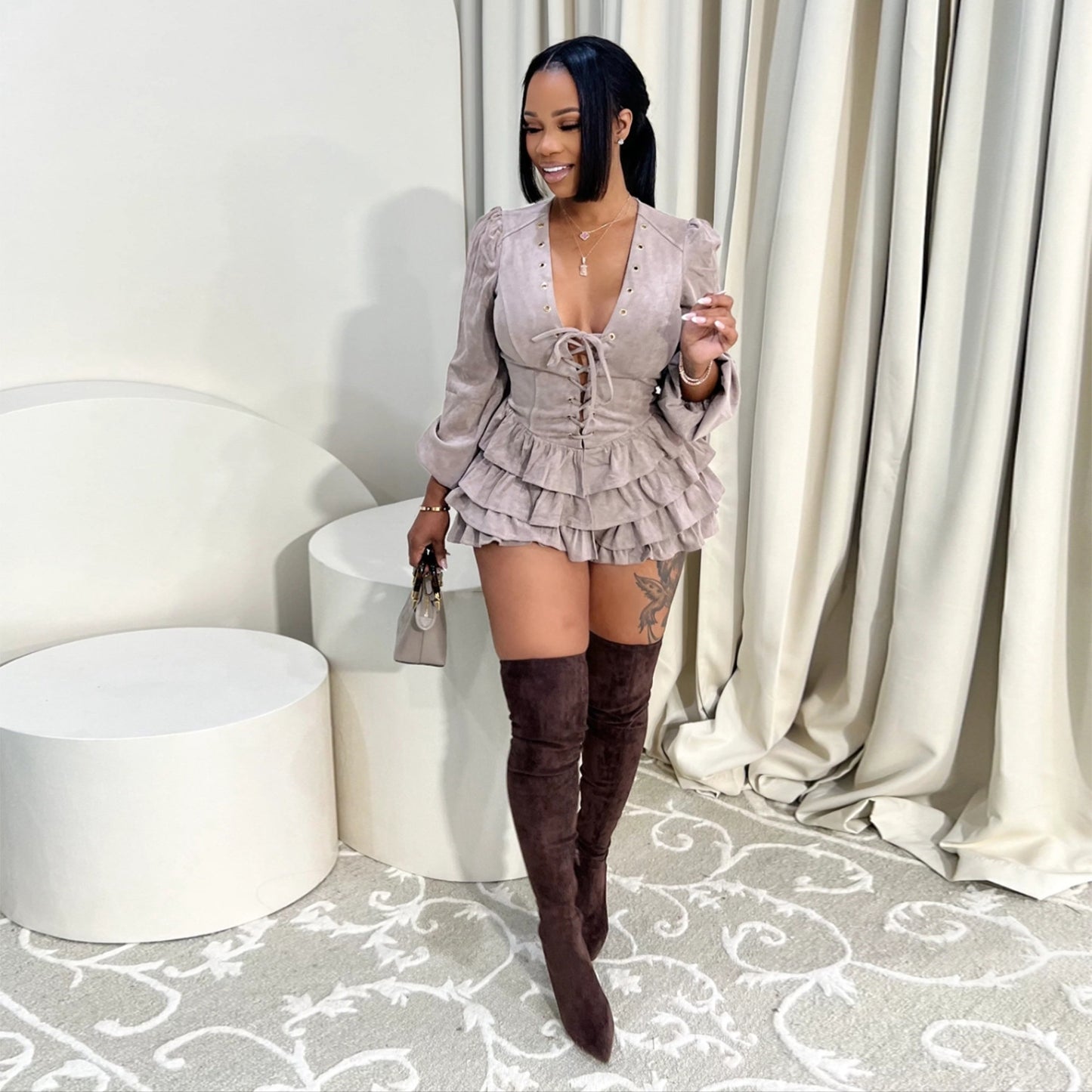 MB1610 Faux Suede Corset Mini Dress - Tiered Ruffle Party Dress