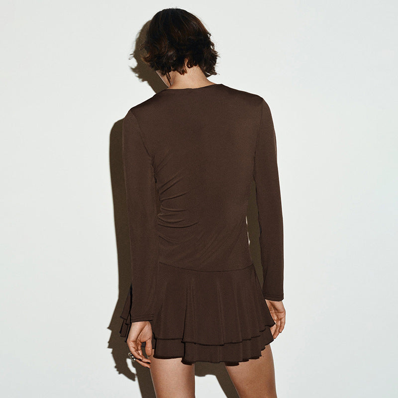 MB1446 Women's Brown V Neck Ruched Fit and Flare Dress