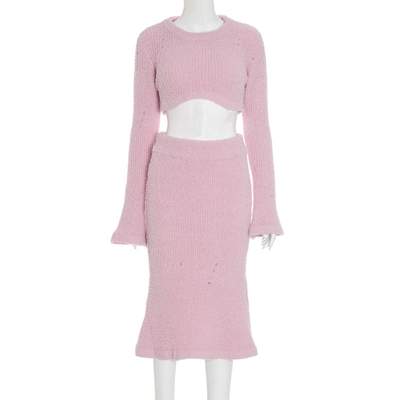 MB1080 Knit Crop Top & Fishtail Skirt Two-Piece Set for Women