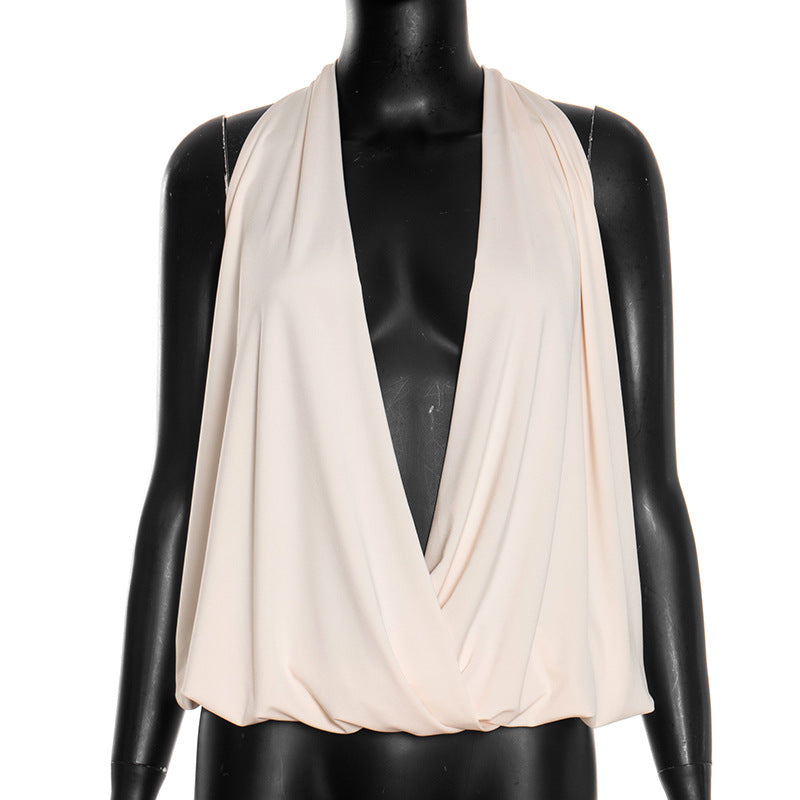 MB10161 Women's Halter Neck Deep V Plunge Front Sleeveless Crop Top