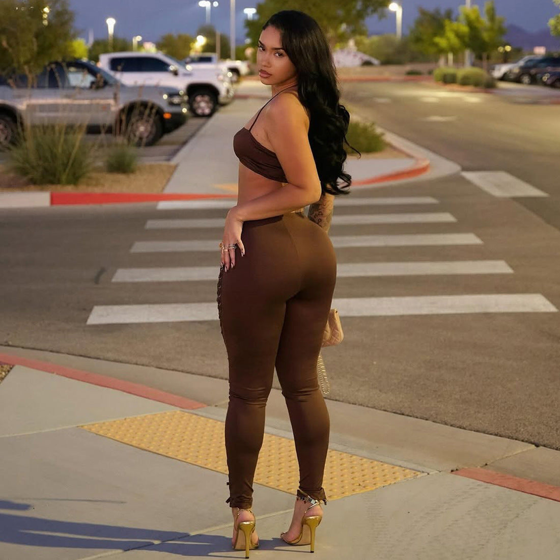 MB1807 Women's Nude Halter Bandeau Crop Top & Waist-Leg Lace-Up High-Waist Leggings Two-Piece Outfit