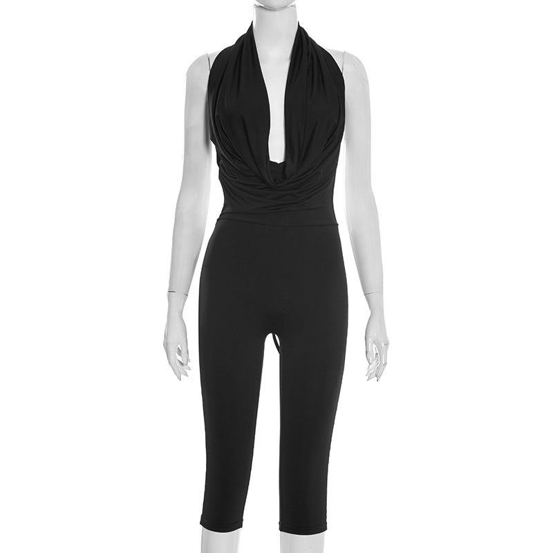 MB10154 Women's Halter Neck Deep V Cowl Front Capri Jumpsuit