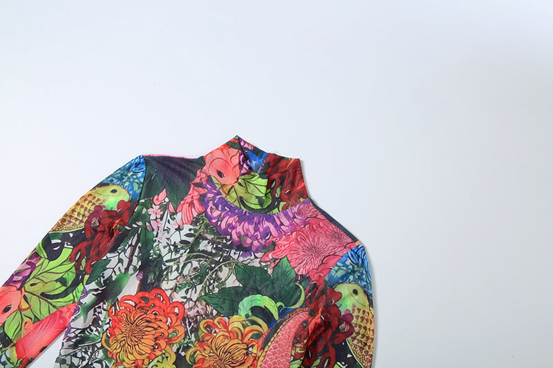 MB1838 Sexy High Neck Long Sleeve Sheer Maxi Dress with Tropical Floral & Koi Fish Print