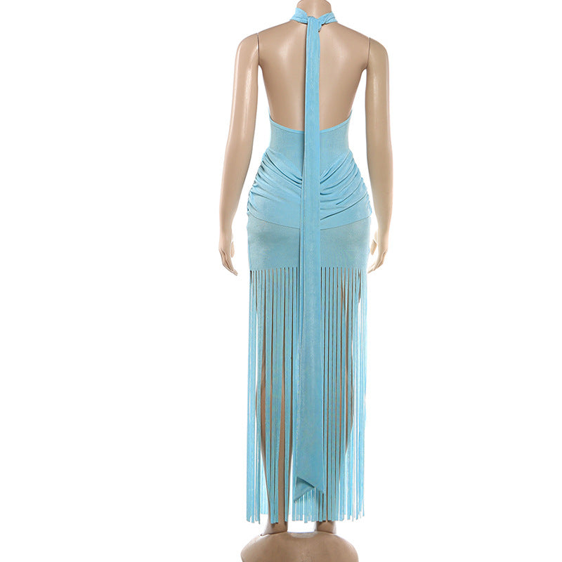 MB1158 Women's Halter Neck Maxi Dress with Long Fringe Tassels