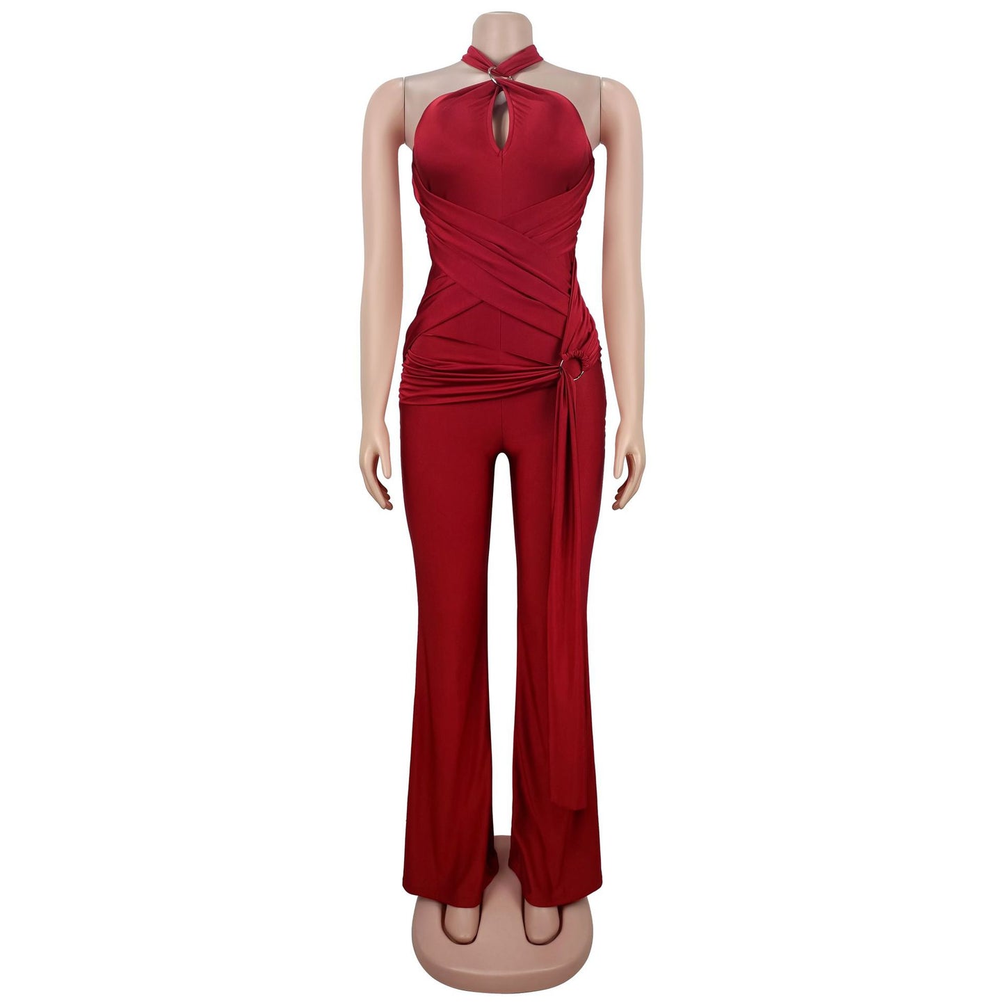 MB1603 Halter Formal Jumpsuit - Cutout Chest Crisscross Ruched Flared Leg