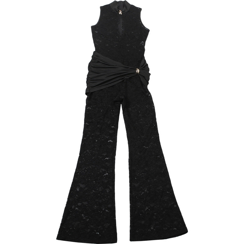 MB1122 Black Sheer Lace Sleeveless Flared Jumpsuit