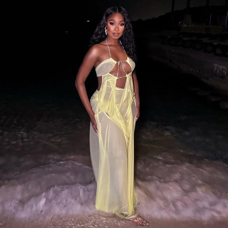 MB1530 Women's Sheer Mesh Halter Neck Cut Out Maxi Dress