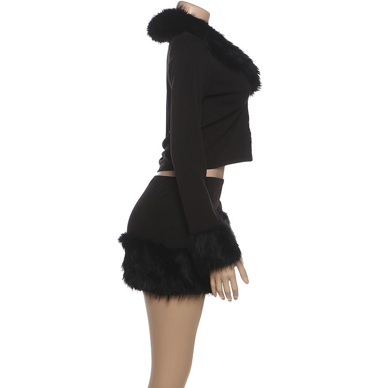 MB1153 Black Faux Fur Trim 2-Piece Set: Crop Top & Mini Skirt