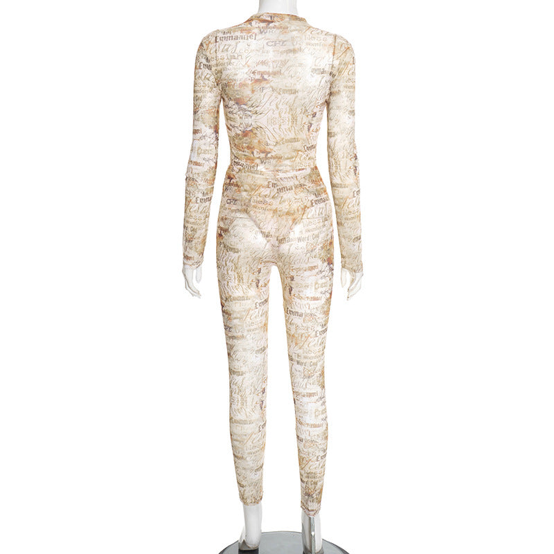 MB10124 Vintage Text Print Sheer Mesh Two Piece Set - Bodysuit & Skinny Pants