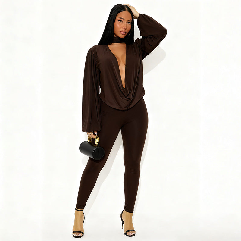 MB10137 Women’s Deep V Long Sleeve Top & Skinny Pants 2-Piece Set