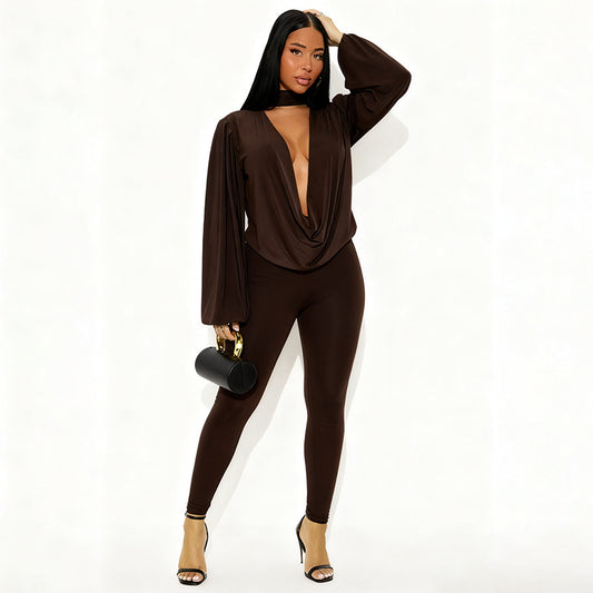 MB10137 Women’s Deep V Long Sleeve Top & Skinny Pants 2-Piece Set