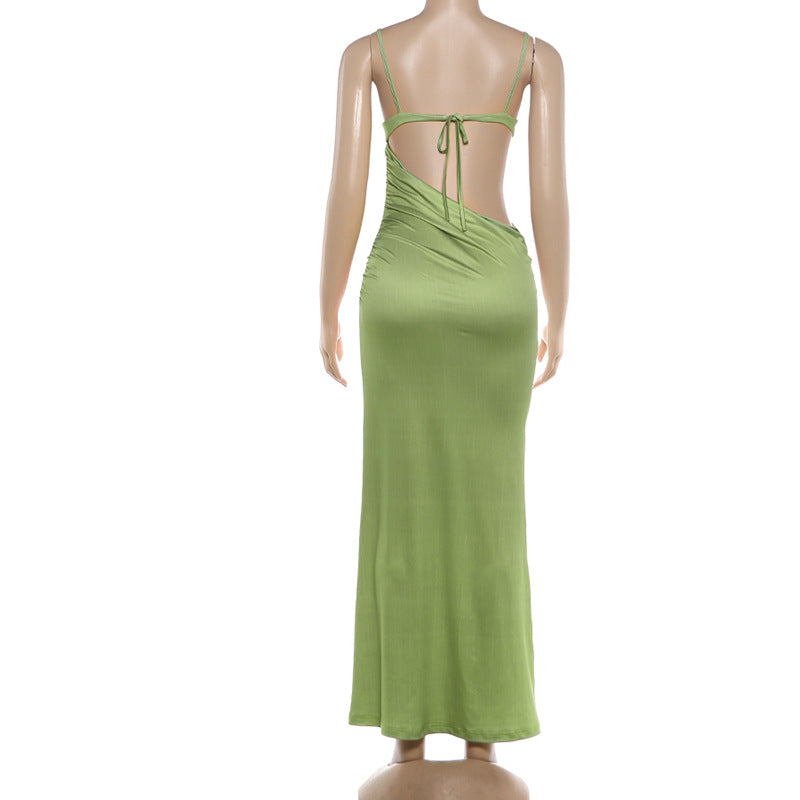 MB1169 Green Lily Print Cut Out Maxi Dress | Spaghetti Strap Backless Bodycon Gown
