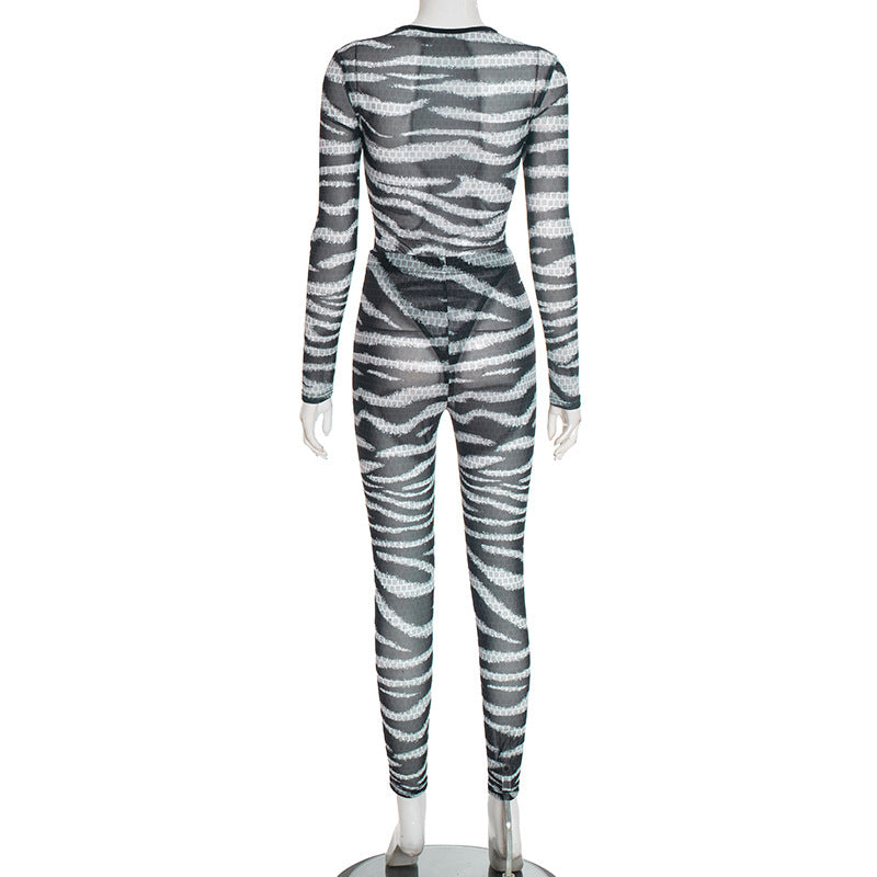 MB1054 Zebra Print Cutout Bodysuit & Pants Women's Two-Piece Set