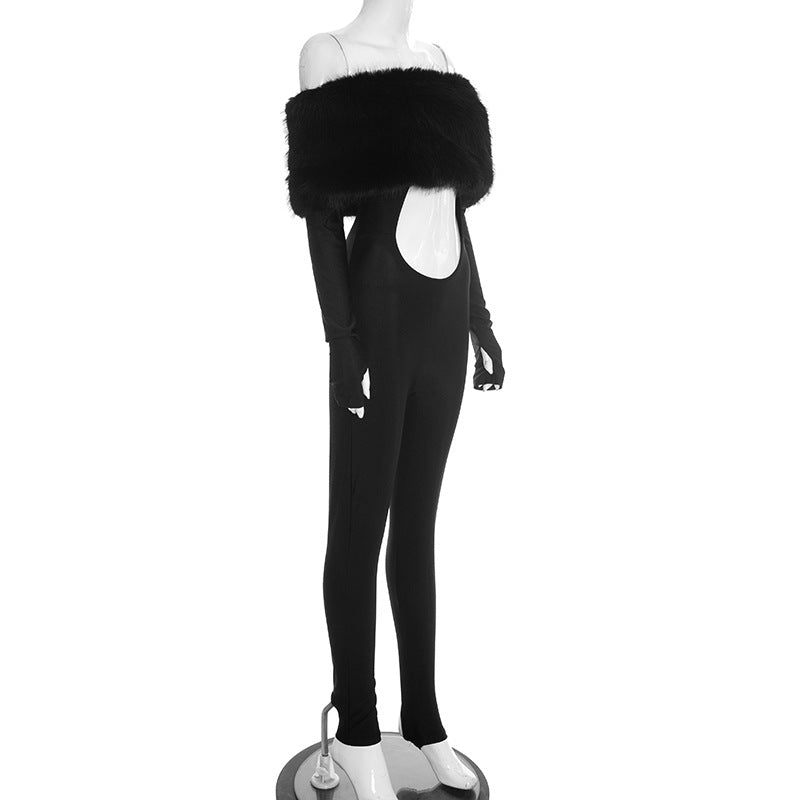 MB10140 Women’s Off-Shoulder Faux Fur Trim Cutout Jumpsuit