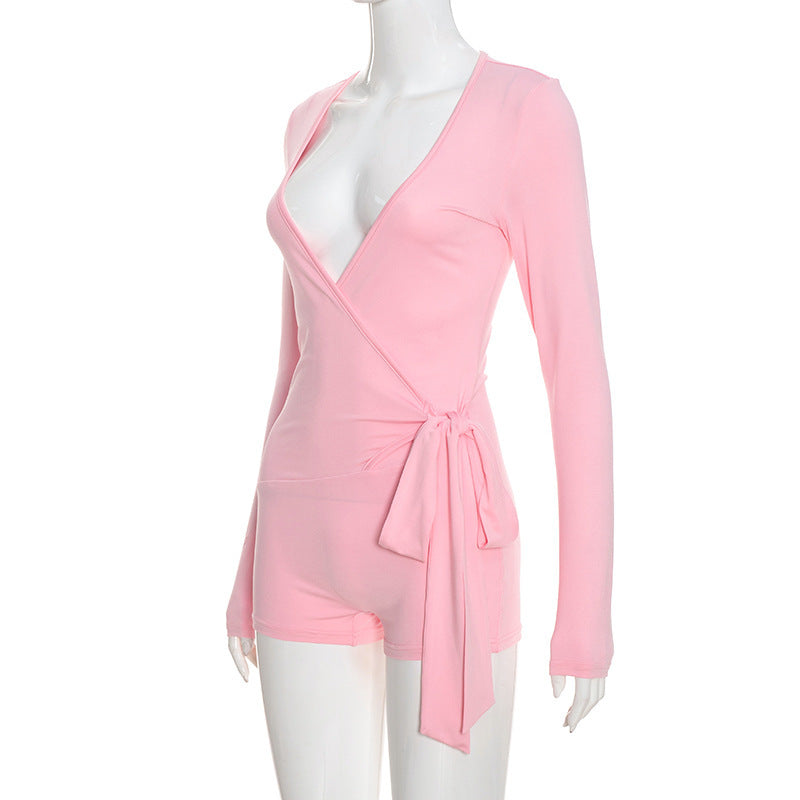 MB10198 Women Wrap V‑Neck Long‑Sleeve Romper