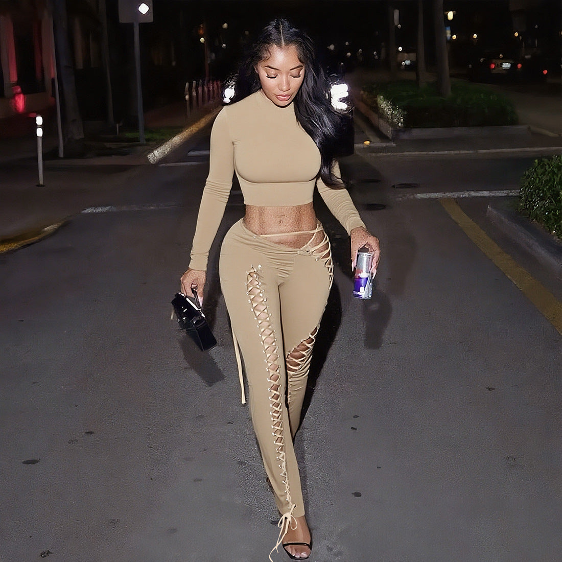 MB1810 Fitted Crop Top & Lace-Up Pants Two-Piece Outfit