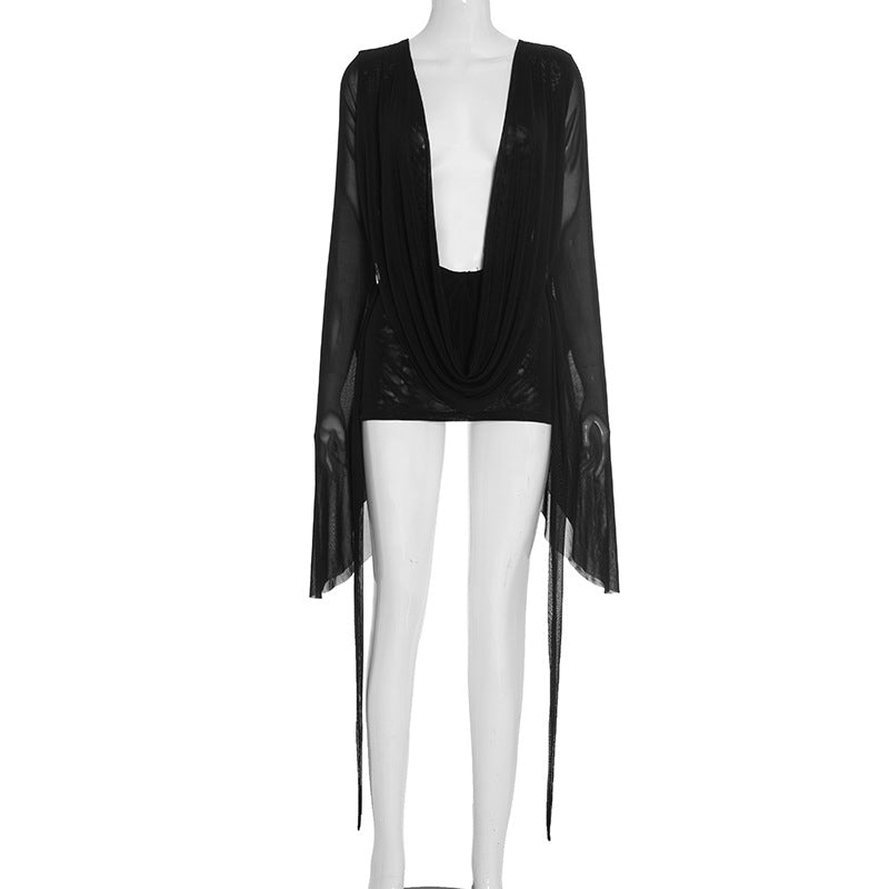 MB1031 Women's Mesh Backless Dress with Draped Neckline