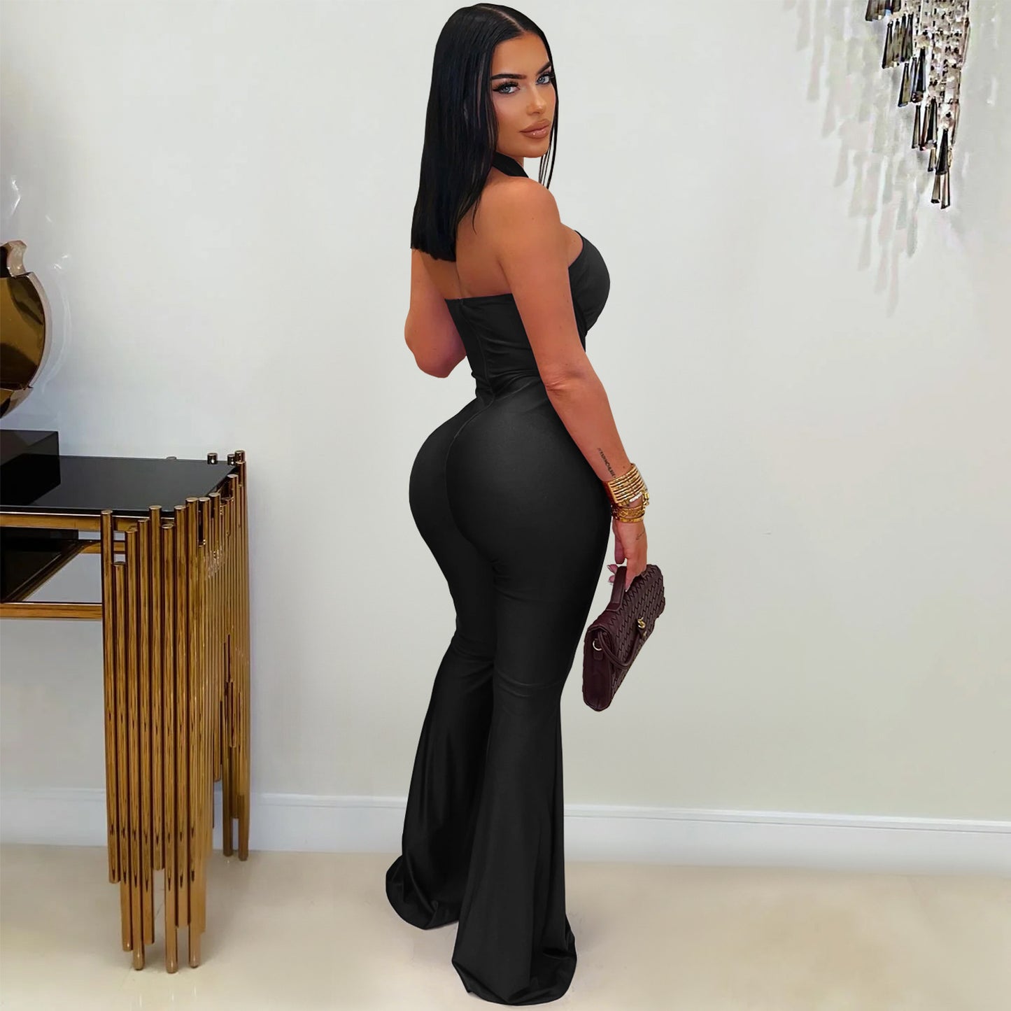 MB1603 Halter Formal Jumpsuit - Cutout Chest Crisscross Ruched Flared Leg