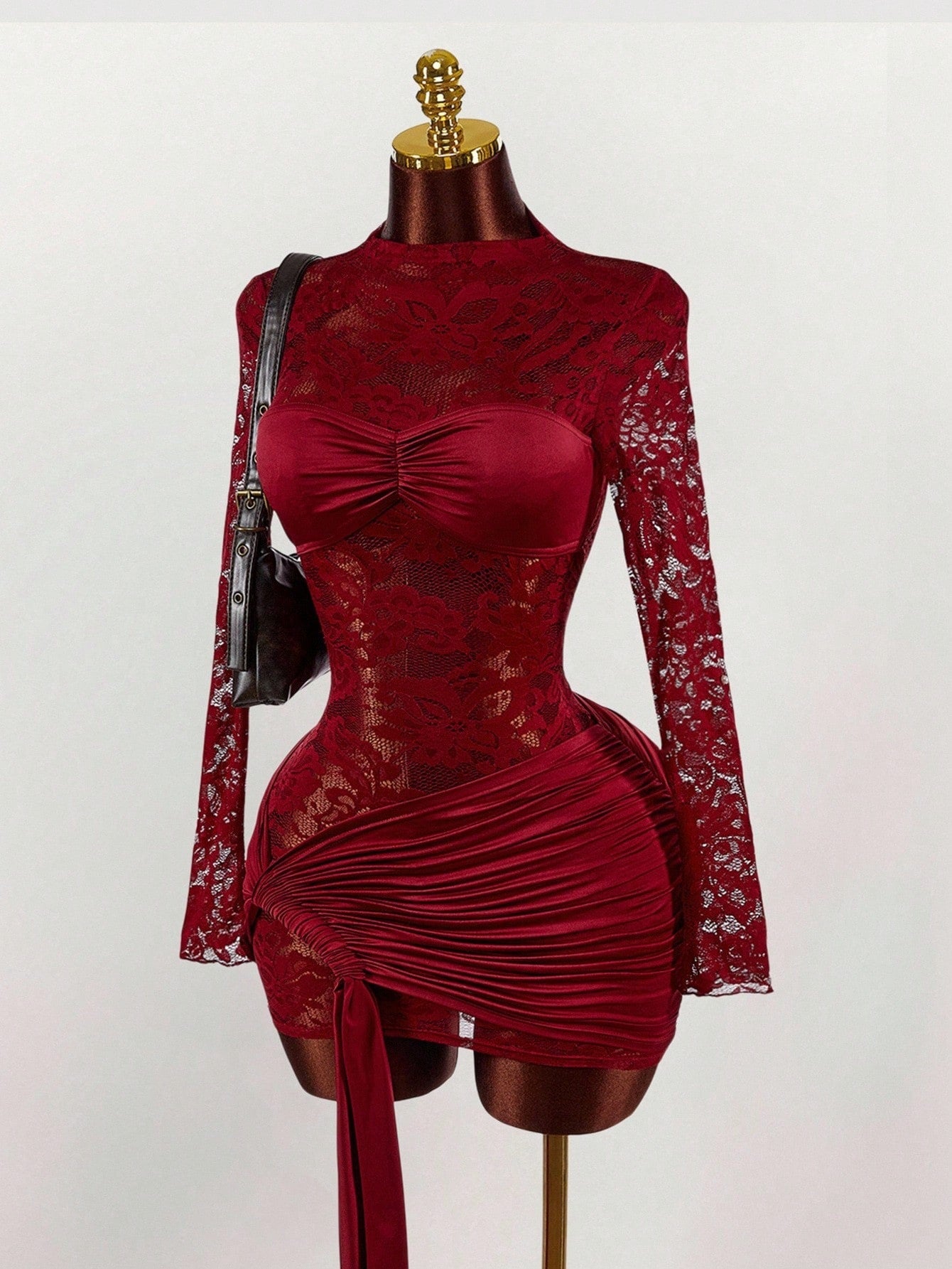 MB2004  White Lace Sheer Long Sleeve Bodycon Mini Dress - Ruched Draped Party Dress for Women 