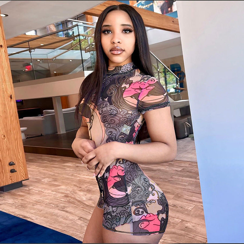 MB1112 Graphic Print Sheer Tight Backless Romper