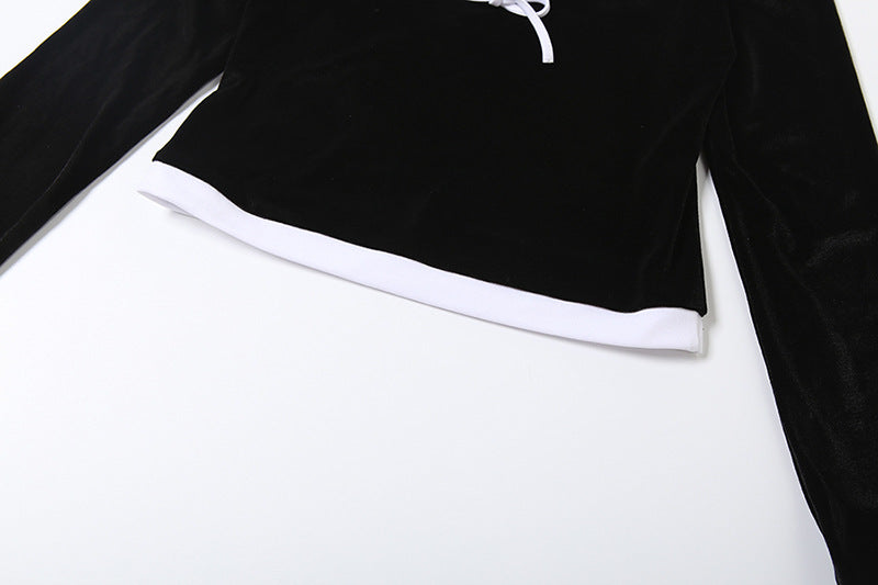 MB1140 Black Velvet Sailor Collar Two Piece Set - Crop Top & Mini Skirt