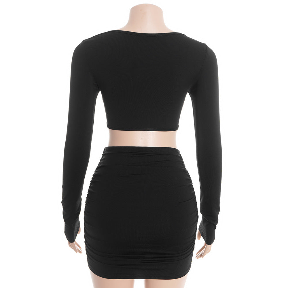 MB1315 Long Sleeve Cutout Crop Top & Ruched Mini Skirt Two-Piece Dress