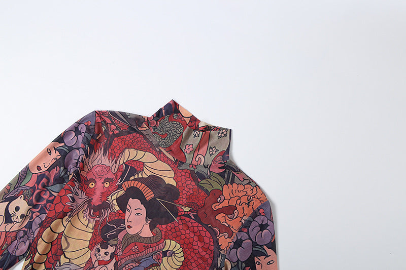 MB1837 Sexy High Neck Long Sleeve Sheer Maxi Dress with Japanese Ukiyo-e Dragon Print