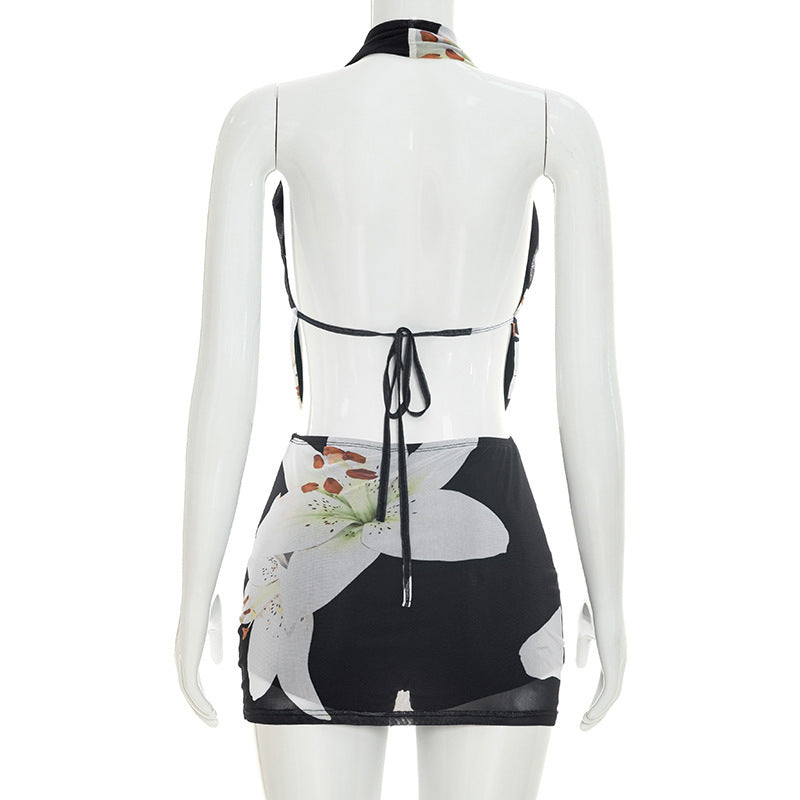 MB10183 Women Lily Floral Print Mesh 2 Piece Outfit, Cowl Draped Halter Backless Tie‑Up Top High‑Waist Skort Matching Set