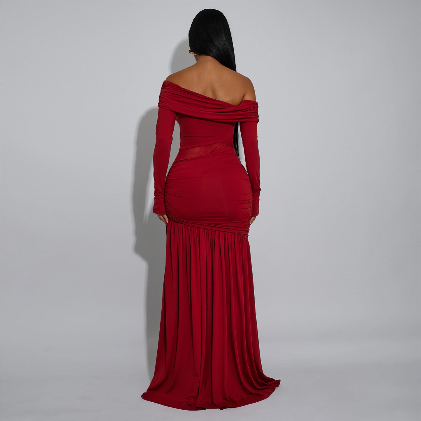 MB1614 Off-the-Shoulder Mesh Cutout Ruched Maxi Dress with Slit