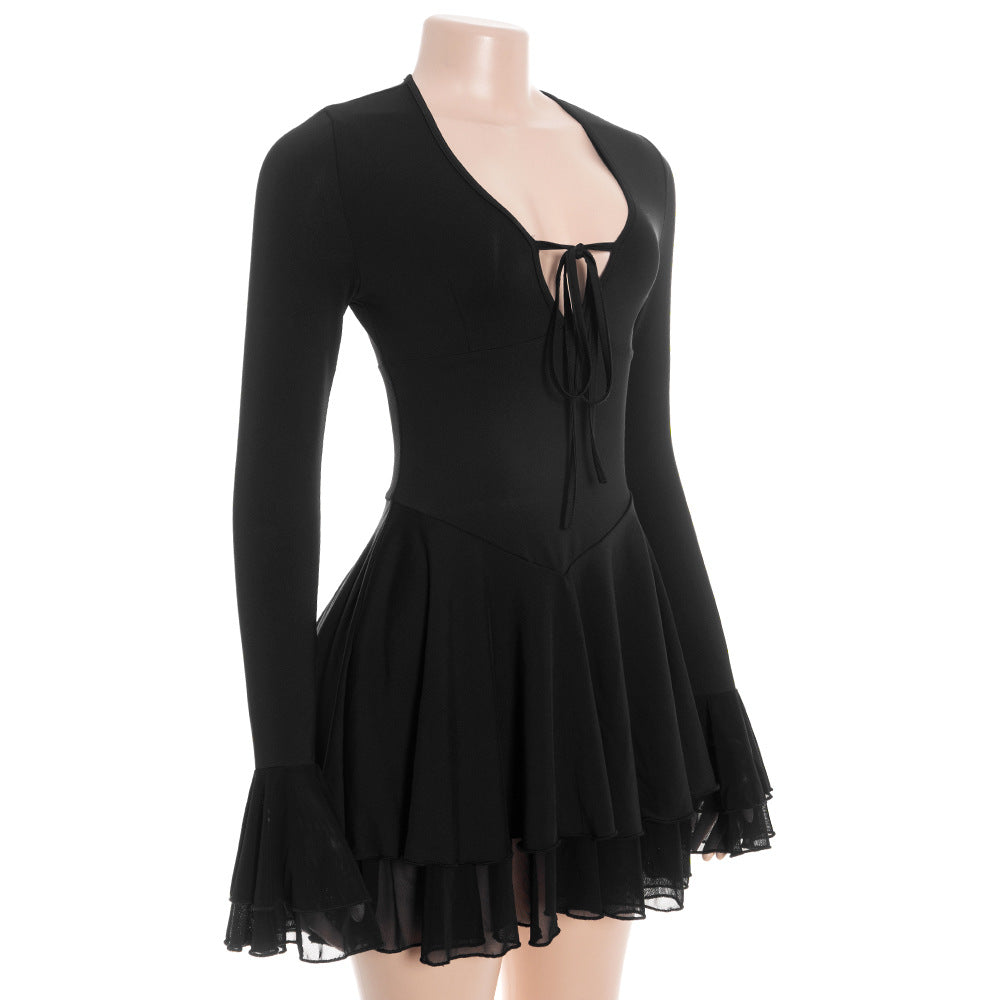 MB1321 Long Sleeve Tie-Front Mini Dress with Bell Cuffs