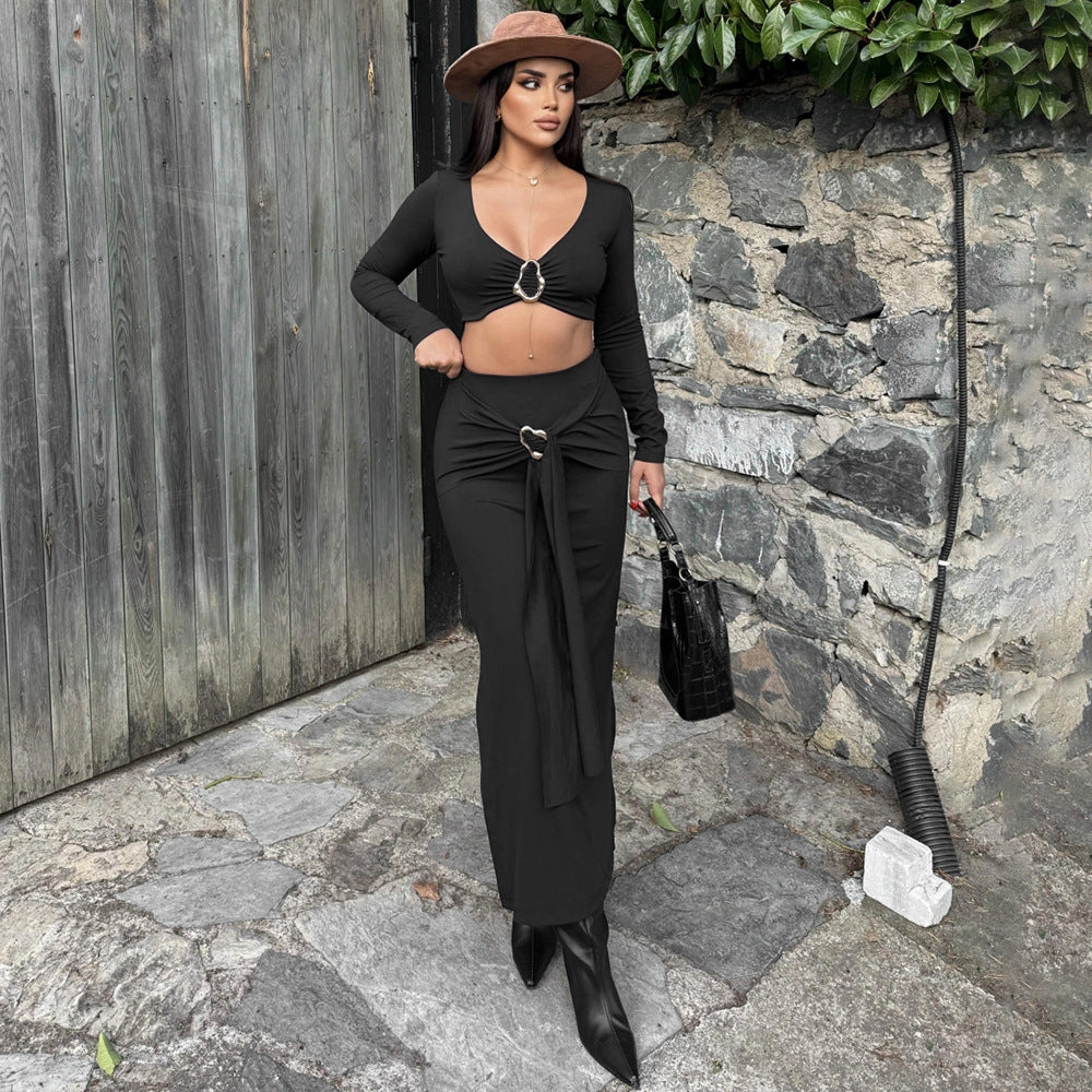 MB1319 Long Sleeve Crop Top & Maxi Skirt Two Piece Set