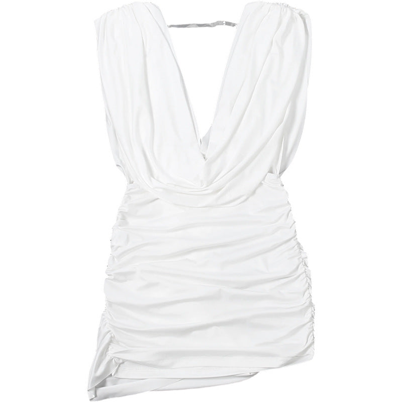 MB1151 Women’s White Deep V-Neck Ruched Mini Dress