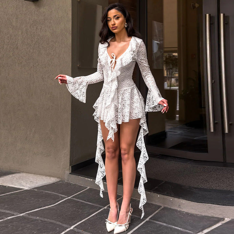 MB10118 Lace Dress with Bell Sleeves - Women's Party Outfit