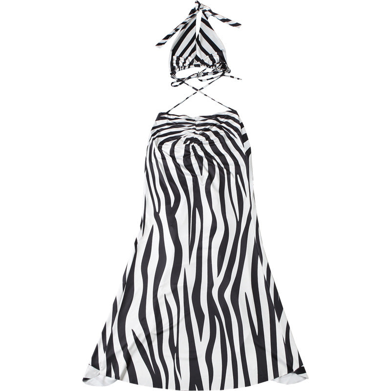 MB1163 Women's Zebra Print Halter Neck Two Piece Long Dress Set