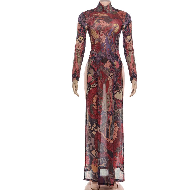 MB1837 Sexy High Neck Long Sleeve Sheer Maxi Dress with Japanese Ukiyo-e Dragon Print