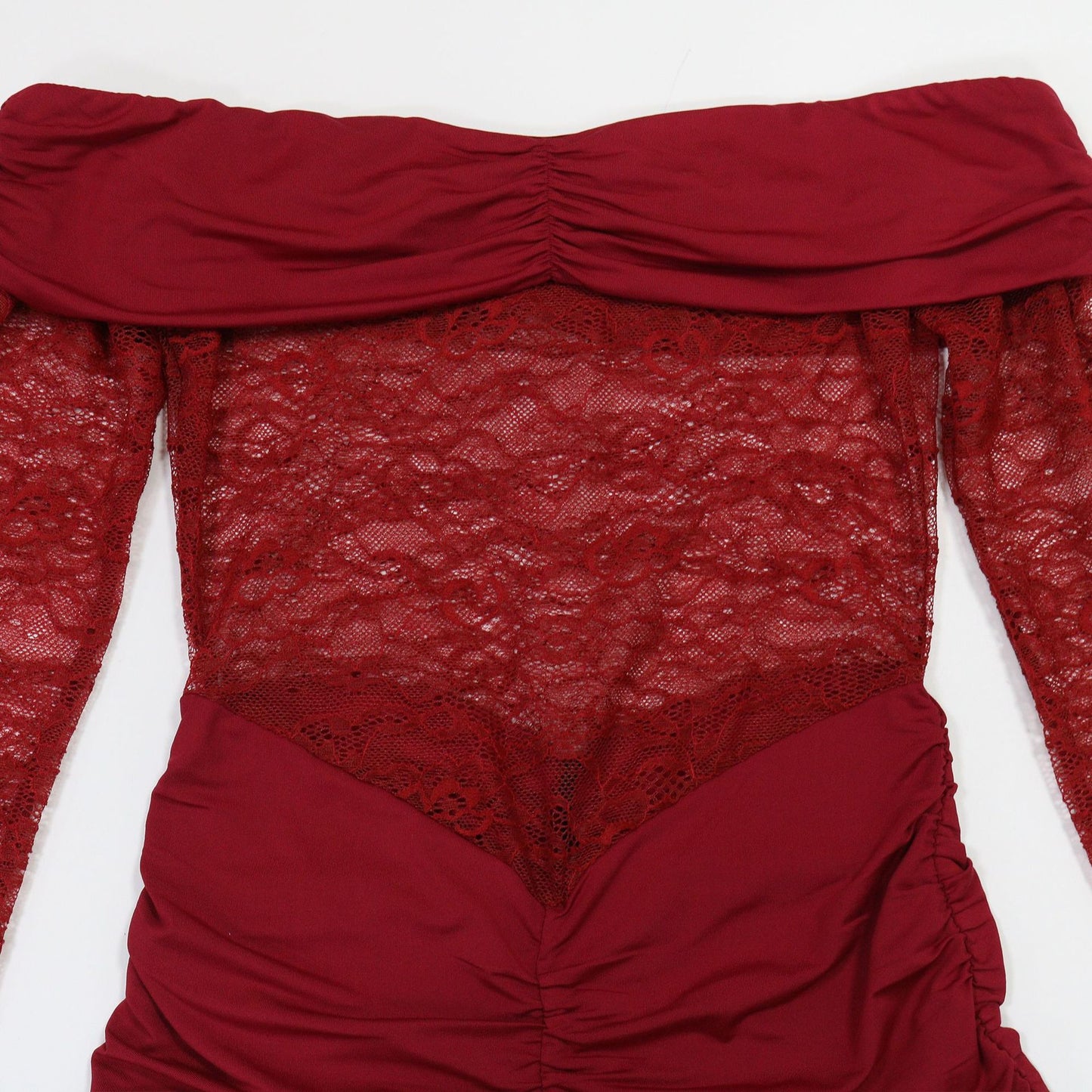 MB1216 Burgundy Lace Ruched Bodycon Maxi Dress