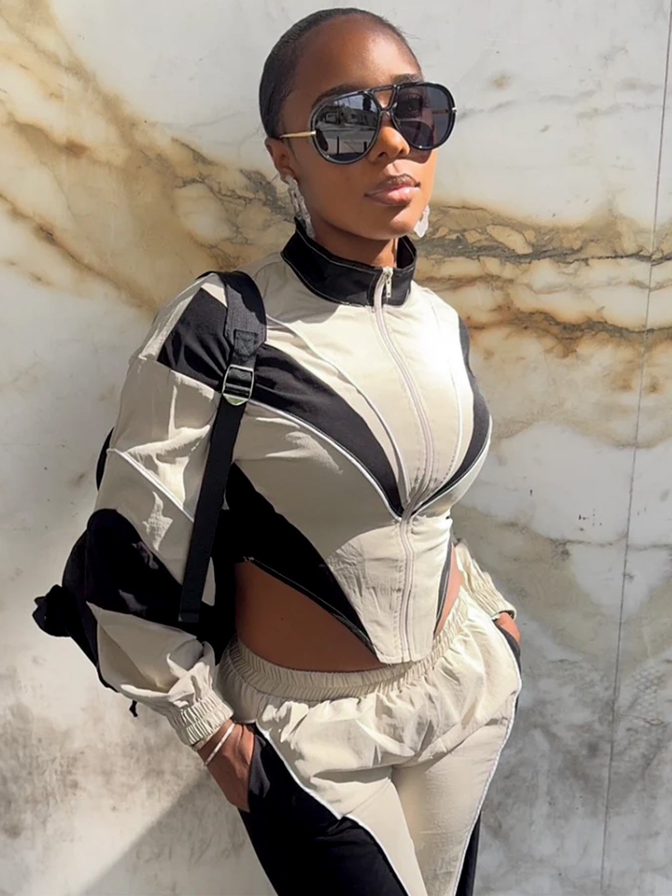 MB1705 Color Block Crop Jacket & Wide Leg Pants Two-Piece Set for Women