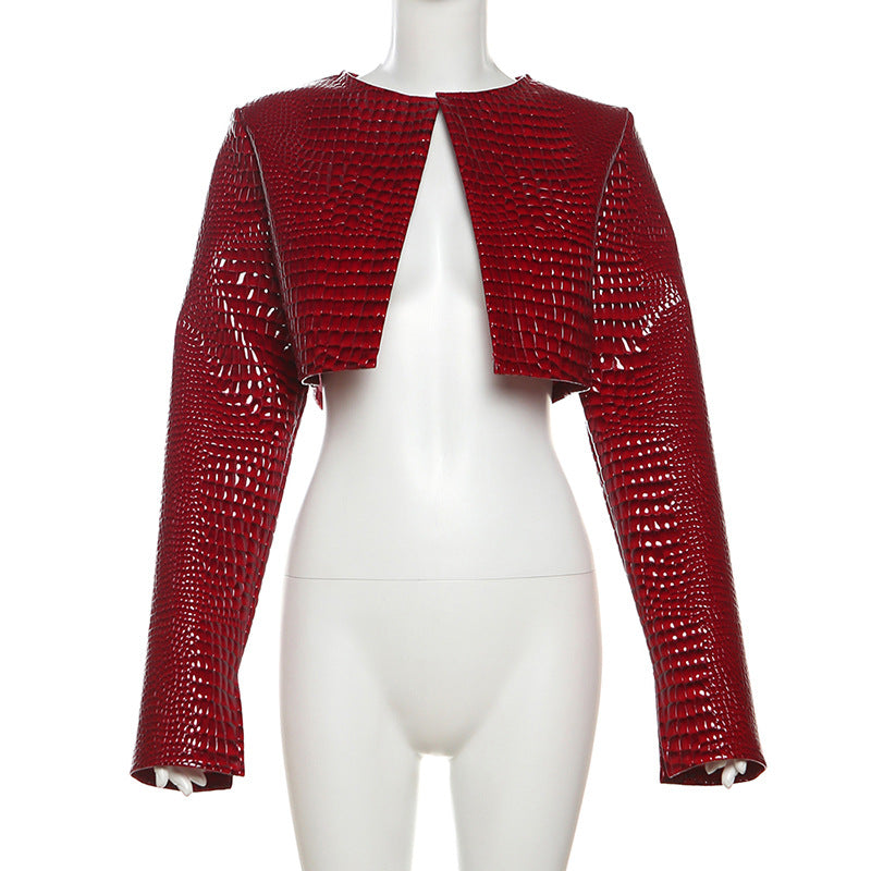 MB1108 Crocodile Print PU Leather Cropped Jacket for Women
