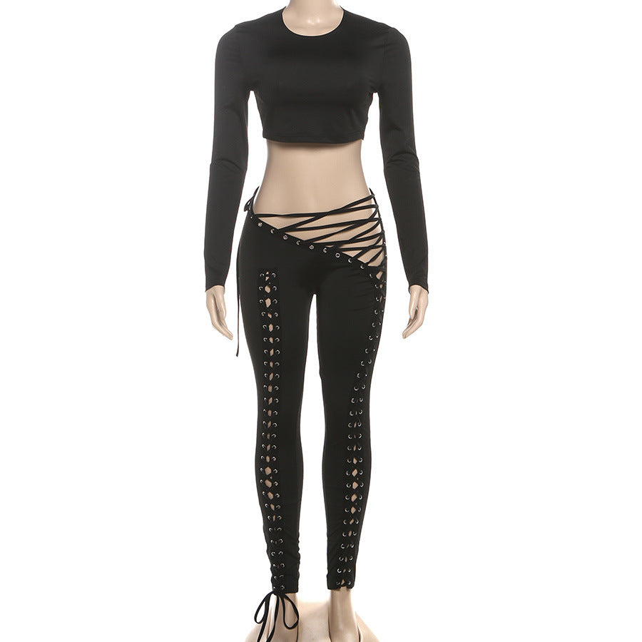 MB1810 Fitted Crop Top & Lace-Up Pants Two-Piece Outfit