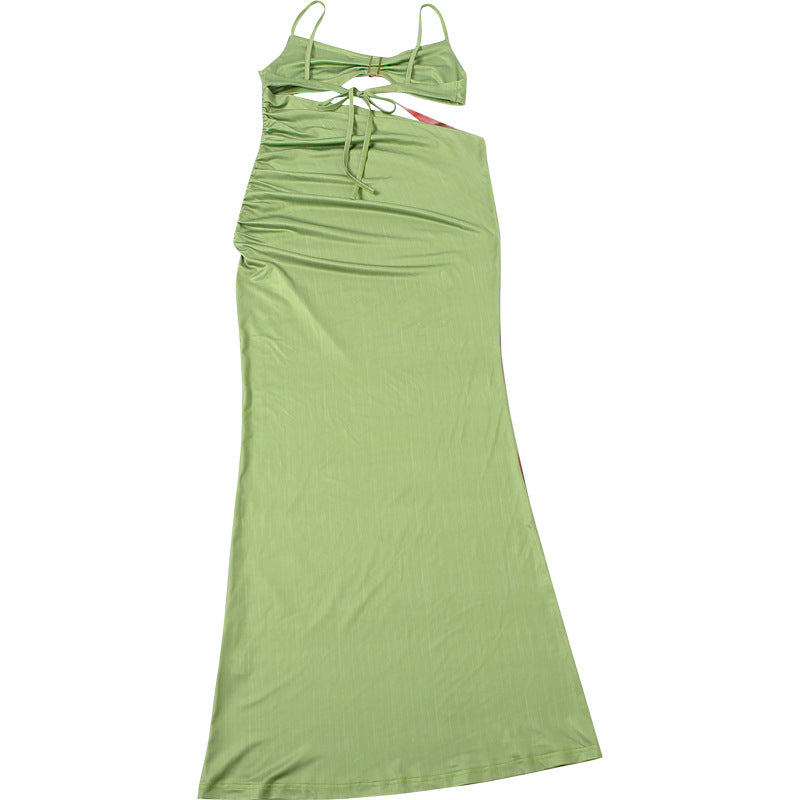 MB1169 Green Lily Print Cut Out Maxi Dress | Spaghetti Strap Backless Bodycon Gown