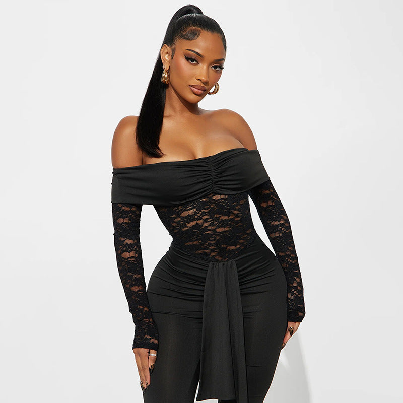 MB1420 Off-the-Shoulder Lace Flared Leg Jumpsuit for Women