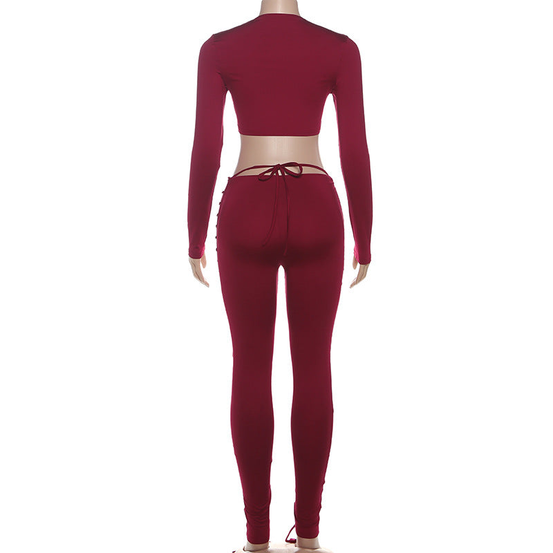 MB1810 Fitted Crop Top & Lace-Up Pants Two-Piece Outfit