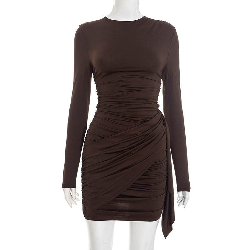 MB1442 Women's Ruched Draped Mini Dress with Long Sleeves