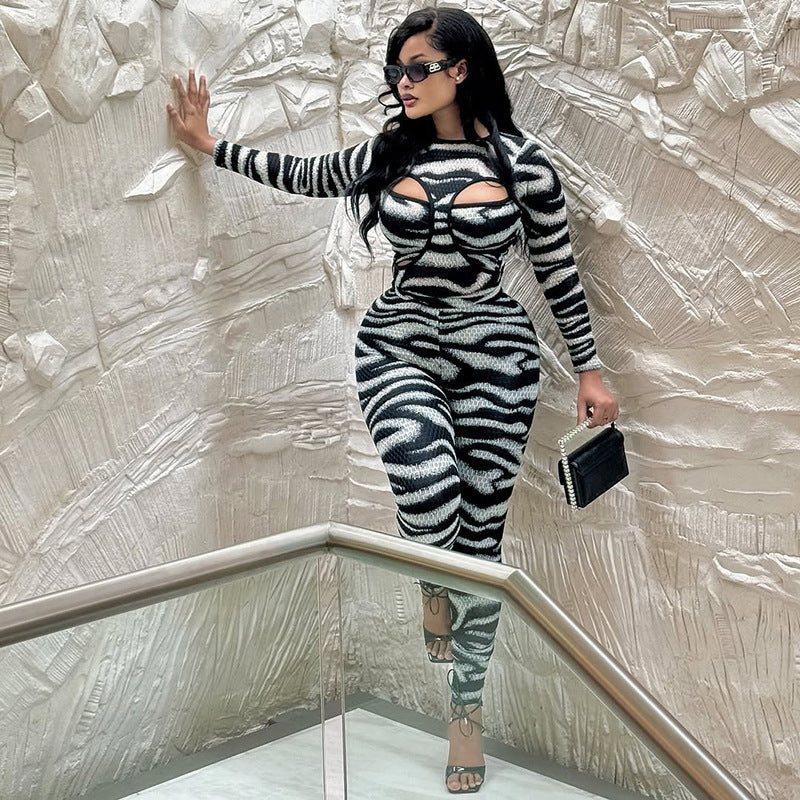 MB1054 Zebra Print Cutout Bodysuit & Pants Women's Two-Piece Set