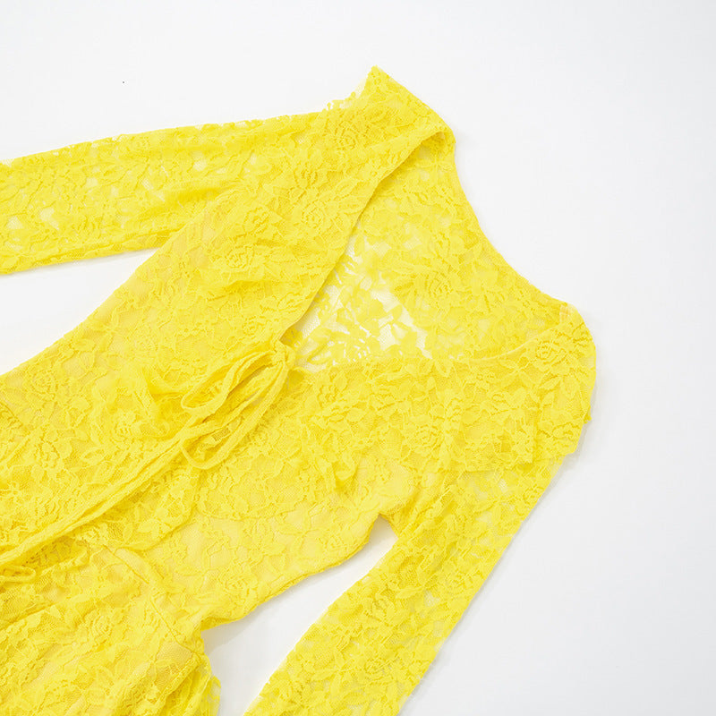 MB10118 Lace Dress with Bell Sleeves - Women's Party Outfit