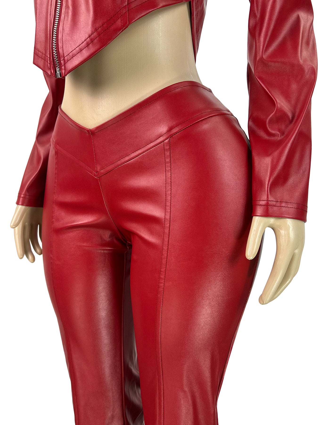 MB1704 Stretchy Leather Cropped Jacket & Flared Pants Two-Piece Set for Women