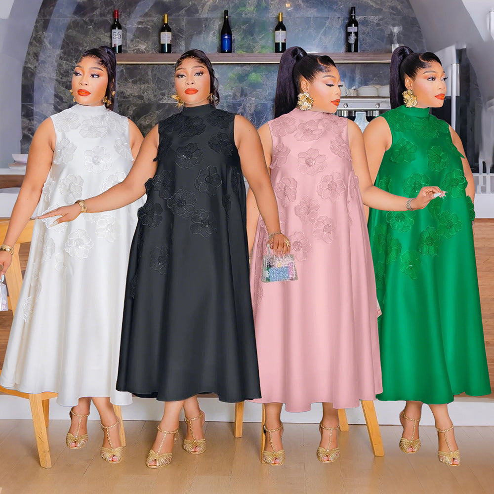 MB1215 Satin Sleeveless Midi Dress with 3D Floral Embellishments