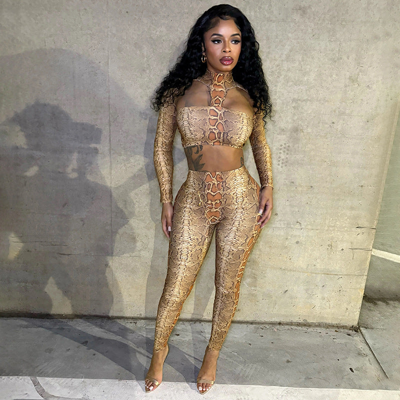 MB10129 Women's Snake Print Cutout Crop Top & Leggings Two Piece Set