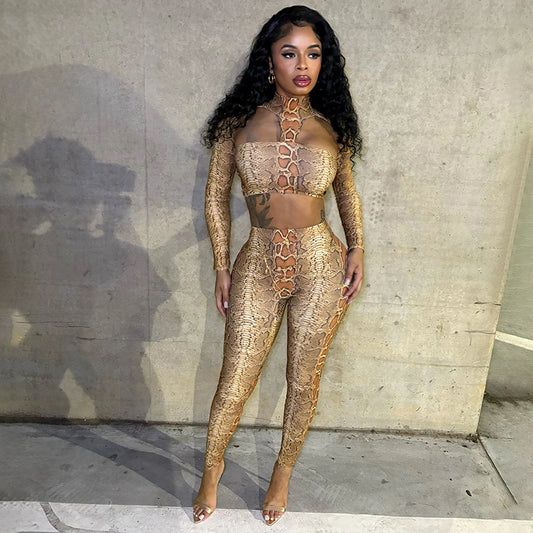 MB10129 Women's Snake Print Cutout Crop Top & Leggings Two Piece Set