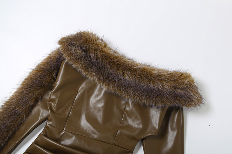 MB1102 Women’s One-Shoulder PU Leather Bodycon Mini Dress